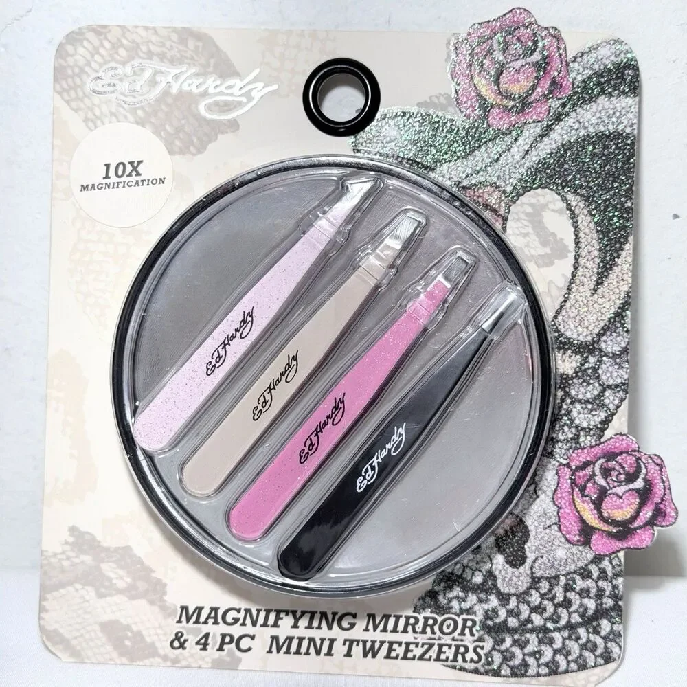 Ed Hardy 10X Magnifying Mirror & 4 Pc Mini Tweezers Set Brand New